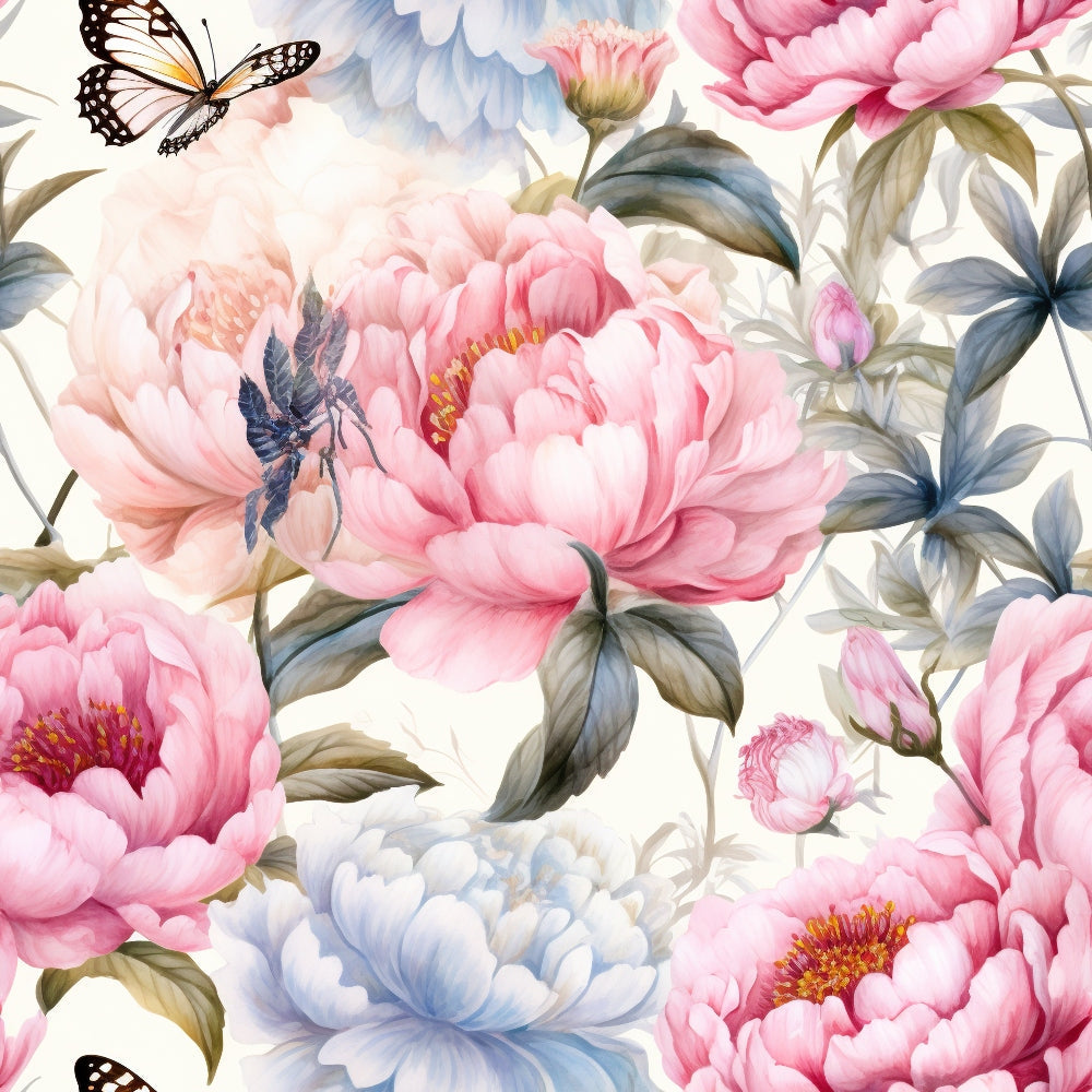 pink peonies, blue flowers, butterflies, floral pattern, watercolor style, botanical design, soft pastels, romantic florals,, fabric panel, garden flowers, delicate petals, nature motif, spring blooms, feminine design, repeating pattern, large scale florals, dreamy aesthetic