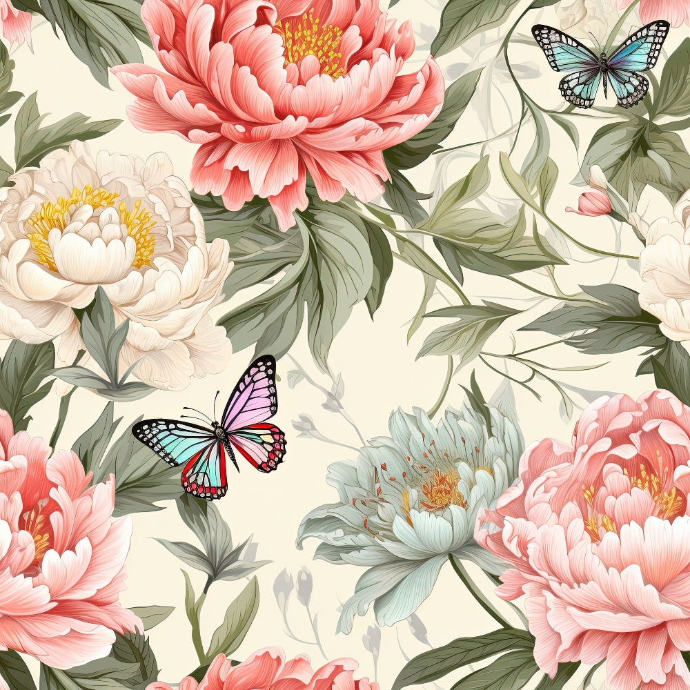 butterfly, floral pattern, peonies, pink flowers, coral blooms, white flowers, sage green leaves, cream background, botanical design, nature motif, spring theme, garden scene, delicate butterflies, layered petals, yellow stamens, soft pastels,, fabric panel, seamless repeat, vintage style