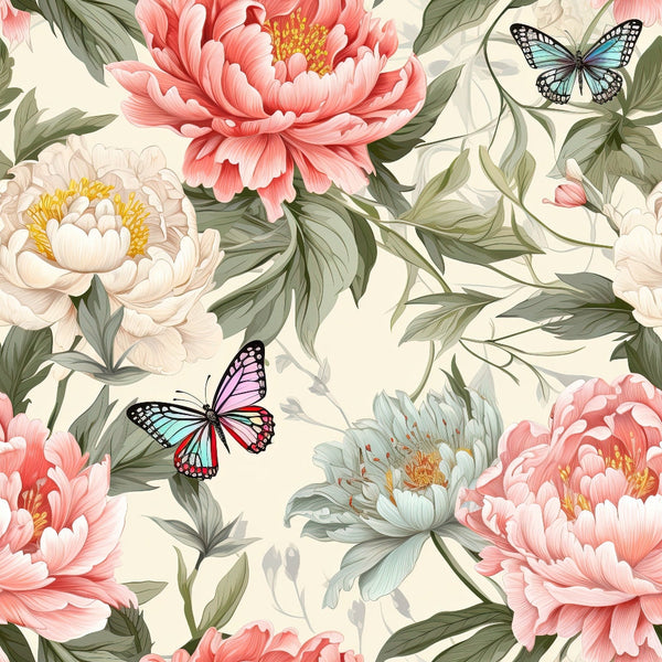 butterfly, floral pattern, peonies, pink flowers, coral blooms, white flowers, sage green leaves, cream background, botanical design, nature motif, spring theme, garden scene, delicate butterflies, layered petals, yellow stamens, soft pastels,, fabric panel, seamless repeat, vintage style
