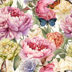 butterflies, peonies, floral pattern, pink flowers, purple blooms, yellow peonies, orange butterfly, blue butterfly, botanical design, vintage style, romantic florals,, fabric panel, spring theme, garden motif, watercolor effect, pastel colors, nature inspired, repeating pattern, delicate wings
