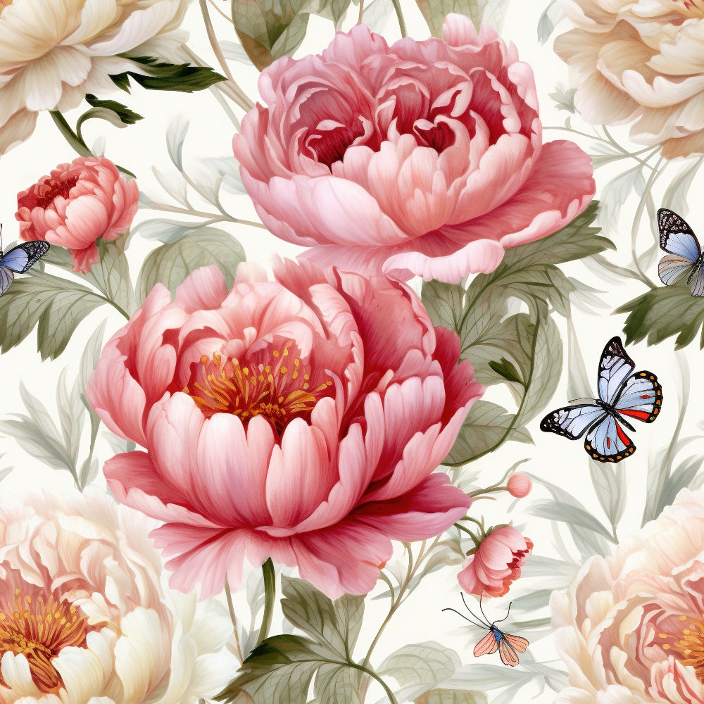 pink peonies, blue butterflies, cream background, floral pattern, botanical design, soft pastels, coral flowers, green leaves, romantic style,, fabric panel, garden theme, spring florals, delicate butterflies, peach blooms, nature motif, feminine colors, layered petals, whimsical design, blooming flowers