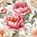 pink peonies, blue butterflies, cream background, floral pattern, botanical design, soft pastels, coral flowers, green leaves, romantic style,, fabric panel, garden theme, spring florals, delicate butterflies, peach blooms, nature motif, feminine colors, layered petals, whimsical design, blooming flowers