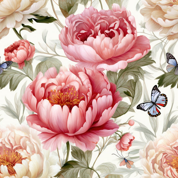 pink peonies, blue butterflies, cream background, floral pattern, botanical design, soft pastels, coral flowers, green leaves, romantic style,, fabric panel, garden theme, spring florals, delicate butterflies, peach blooms, nature motif, feminine colors, layered petals, whimsical design, blooming flowers