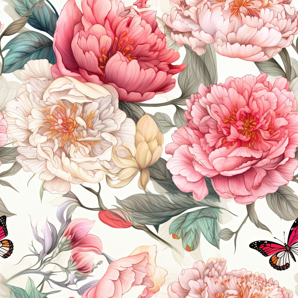 pink peonies, coral flowers, cream blooms, sage green leaves, butterfly motifs, floral pattern, botanical design,, fabric panel, layered petals, orange stamens, nature inspired, soft pastels, romantic florals, blooming flowers, garden theme, delicate butterflies, watercolor style, spring blooms, feminine colors