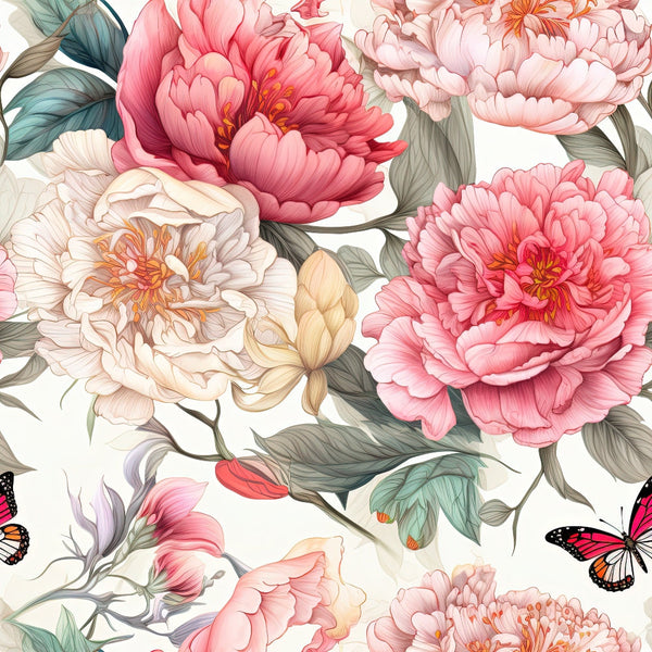 pink peonies, coral flowers, cream blooms, sage green leaves, butterfly motifs, floral pattern, botanical design,, fabric panel, layered petals, orange stamens, nature inspired, soft pastels, romantic florals, blooming flowers, garden theme, delicate butterflies, watercolor style, spring blooms, feminine colors