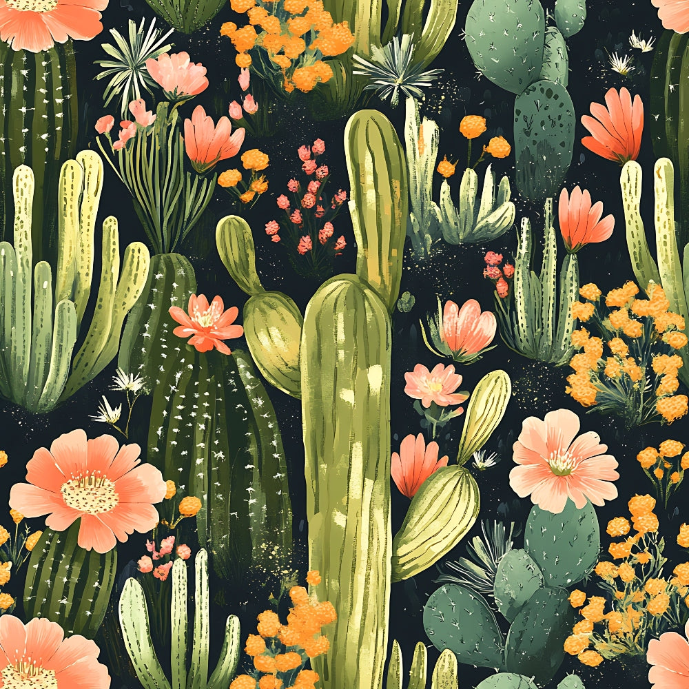 coral, orange, sage green, dark navy, cactus, desert plants, saguaro cactus, prickly pear, wildflowers, blooms, botanical pattern, desert garden, southwestern, nature motif,, fabric panel, floral accents, desert landscape, succulent plants, warm tones