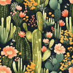 coral, orange, sage green, dark navy, cactus, desert plants, saguaro cactus, prickly pear, wildflowers, blooms, botanical pattern, desert garden, southwestern, nature motif,, fabric panel, floral accents, desert landscape, succulent plants, warm tones