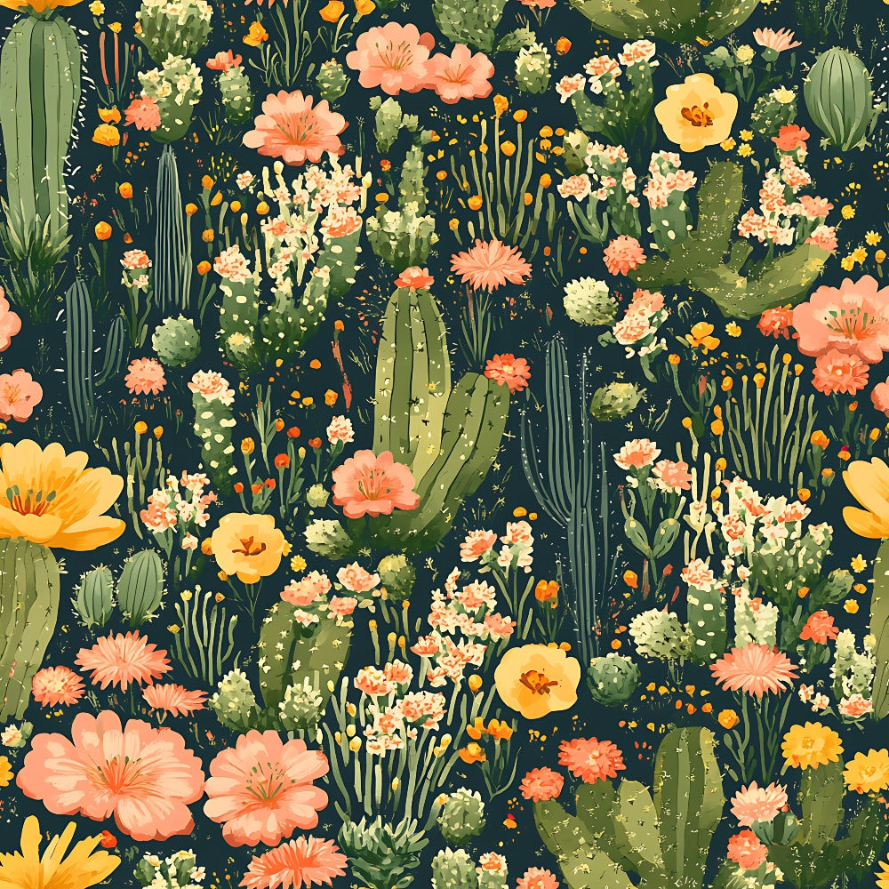cactus pattern, desert flora, coral flowers, yellow blooms, peach blossoms, sage green, dark navy background, succulent plants, botanical design,, fabric panel, southwestern style, desert garden, floral cacti, prickly pear, saguaro cactus, blooming desert, nature motifs, organic shapes, vibrant florals