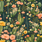 cactus pattern, desert flora, coral flowers, yellow blooms, peach blossoms, sage green, dark navy background, succulent plants, botanical design,, fabric panel, southwestern style, desert garden, floral cacti, prickly pear, saguaro cactus, blooming desert, nature motifs, organic shapes, vibrant florals
