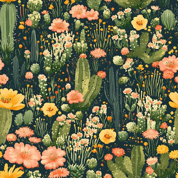 cactus pattern, desert flora, coral flowers, yellow blooms, peach blossoms, sage green, dark navy background, succulent plants, botanical design,, fabric panel, southwestern style, desert garden, floral cacti, prickly pear, saguaro cactus, blooming desert, nature motifs, organic shapes, vibrant florals