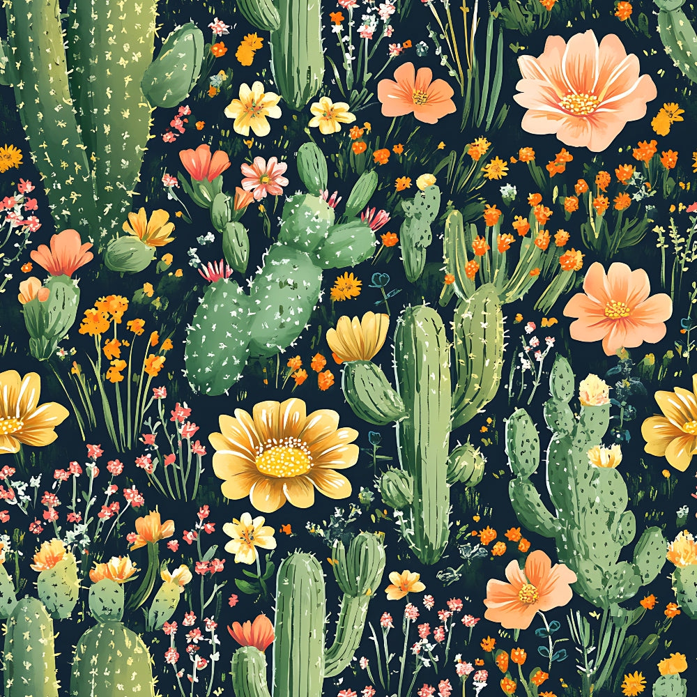 cactus pattern, desert plants, floral blooms, navy background, coral flowers, yellow blossoms, sage green, prickly pear, saguaro cactus, wildflowers, botanical design,, fabric panel, succulent garden, orange blooms, peach flowers, desert flora, nature motif, southwestern style, blooming cacti