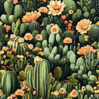 cactus pattern, desert plants, succulent design, coral flowers, peach blooms, sage green, forest green, botanical print, prickly pear, barrel cactus, saguaro cactus, flowering cacti,, fabric panel, nature motif, southwestern style, dusty rose, cream flowers, spines and thorns, desert garden