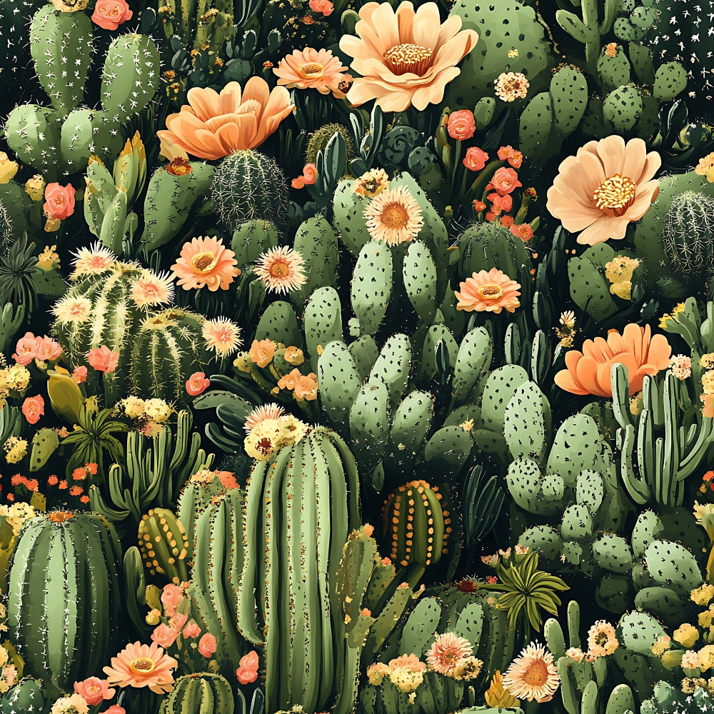 cactus pattern, desert plants, succulent design, coral flowers, peach blooms, sage green, forest green, botanical print, prickly pear, barrel cactus, saguaro cactus, flowering cacti,, fabric panel, nature motif, southwestern style, dusty rose, cream flowers, spines and thorns, desert garden