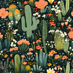 cactus pattern, desert flora, coral flowers, sage green, peach blooms, white flowers, yellow accents, dark background, botanical design, succulent plants, saguaro cactus, prickly pear, desert wildflowers,, fabric panel, southwestern theme, nature motif, floral cactus, desert garden, stylized illustration
