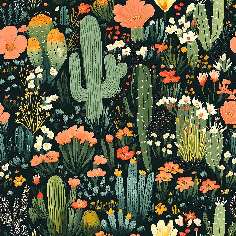 cactus pattern, desert flora, coral flowers, sage green, peach blooms, white flowers, yellow accents, dark background, botanical design, succulent plants, saguaro cactus, prickly pear, desert wildflowers,, fabric panel, southwestern theme, nature motif, floral cactus, desert garden, stylized illustration