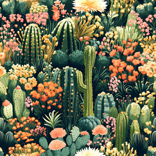 cactus, succulents, desert plants, coral flowers, peach blooms, yellow flowers, green cacti, botanical pattern, saguaro cactus, prickly pear, barrel cactus, flowering desert, nature motif,, fabric panel, seamless repeat, vibrant colors, desert garden, blooming cacti, tropical flora
