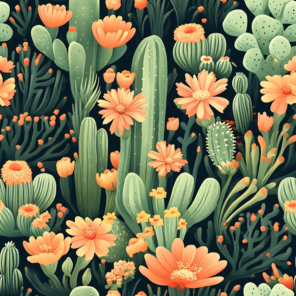 coral flowers, peach blooms, sage green, mint green, dark background, cactus pattern, desert plants, succulent design, prickly pear, barrel cactus, botanical print,, fabric panel, southwestern style, floral cactus, desert garden, seamless pattern, nature motif, blooming cacti, desert flora