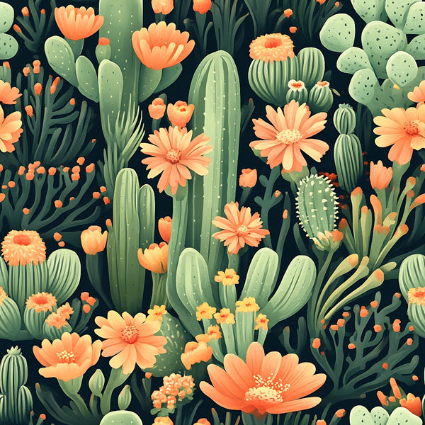 coral flowers, peach blooms, sage green, mint green, dark background, cactus pattern, desert plants, succulent design, prickly pear, barrel cactus, botanical print,, fabric panel, southwestern style, floral cactus, desert garden, seamless pattern, nature motif, blooming cacti, desert flora