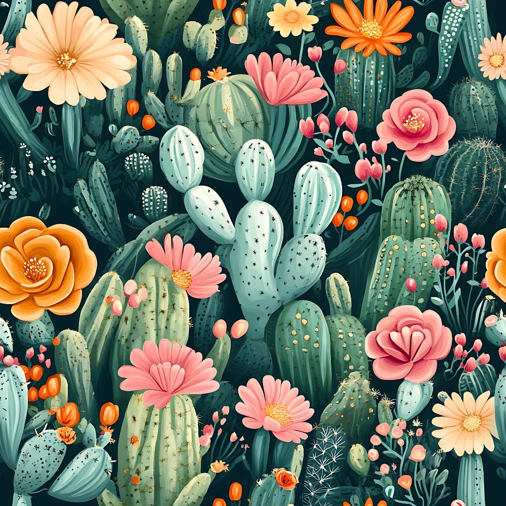 cactus pattern, succulent plants, coral pink flowers, peach blooms, orange blossoms, sage green, teal background, desert flora, botanical illustration, prickly pear, barrel cactus, flowering cacti,, fabric panel, southwestern theme, nature motif, floral accents, desert garden, seamless repeat, contemporary style