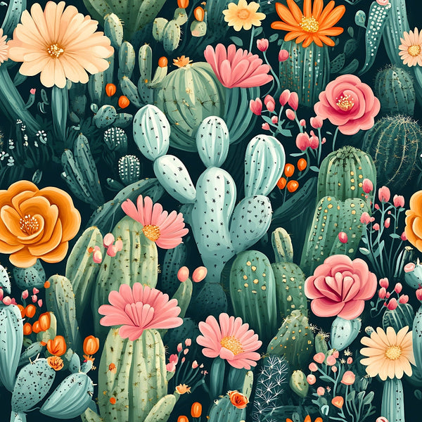 cactus pattern, succulent plants, coral pink flowers, peach blooms, orange blossoms, sage green, teal background, desert flora, botanical illustration, prickly pear, barrel cactus, flowering cacti,, fabric panel, southwestern theme, nature motif, floral accents, desert garden, seamless repeat, contemporary style