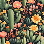 cactus, succulents, desert plants, coral flowers, peach blooms, orange blossoms, yellow flowers, green cacti, sage green, black background, botanical pattern, desert garden, prickly pear, saguaro cactus, floral motif,, fabric panel, southwestern theme, nature design, desert flora