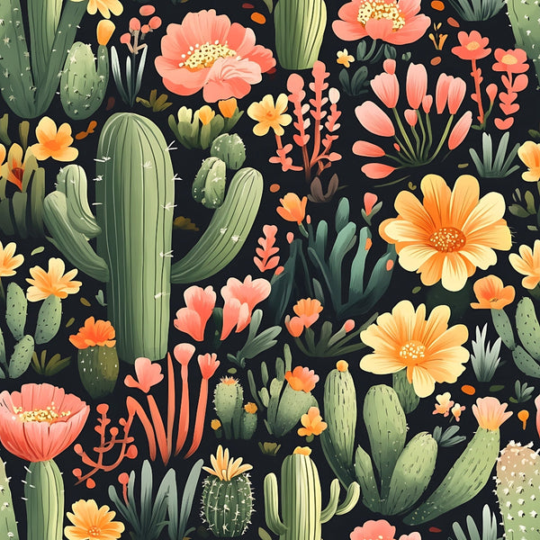 cactus, succulents, desert plants, coral flowers, peach blooms, orange blossoms, yellow flowers, green cacti, sage green, black background, botanical pattern, desert garden, prickly pear, saguaro cactus, floral motif,, fabric panel, southwestern theme, nature design, desert flora