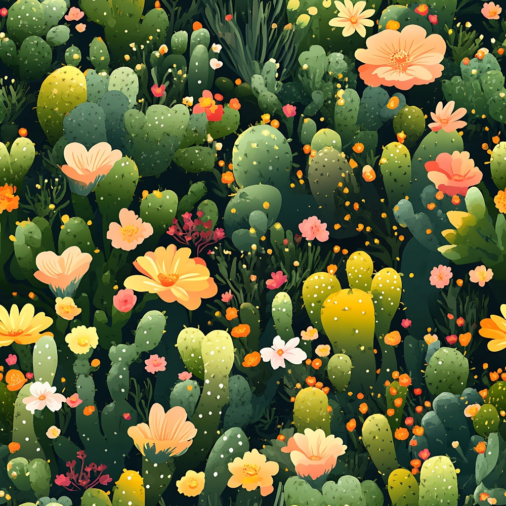 cactus pattern, desert plants, coral flowers, peach blooms, sage green, olive green, yellow cacti, prickly pear, succulent garden, botanical design, floral accents, orange dots,, fabric panel, whimsical illustration, nature motif, spring colors, seamless repeat, craft fabric, southwestern theme