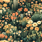 cactus gardens, desert flora, succulent plants, botanical pattern, coral flowers, peach blooms, cream blossoms, sage green, olive foliage, prickly pear, barrel cactus, desert wildflowers, southwestern design, nature motif,, fabric panel, blooming cacti, desert landscape, botanical illustration, warm earth tones