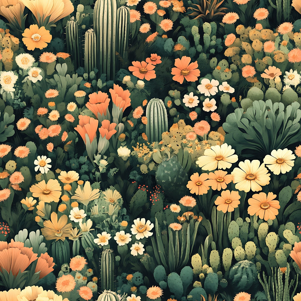 cactus gardens, desert flora, succulent plants, botanical pattern, coral flowers, peach blooms, cream blossoms, sage green, olive foliage, prickly pear, barrel cactus, desert wildflowers, southwestern design, nature motif,, fabric panel, blooming cacti, desert landscape, botanical illustration, warm earth tones
