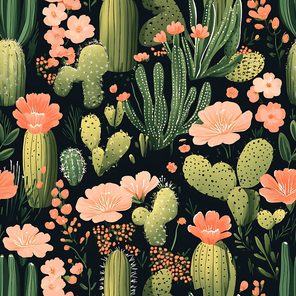 coral flowers, peach blooms, green cacti, desert plants, succulent garden, prickly pear, saguaro cactus, botanical pattern, floral motif, black background, coral pink, sage green,, fabric panel, nature design, desert theme, blooming cacti, southwestern style, organic shapes, seamless pattern