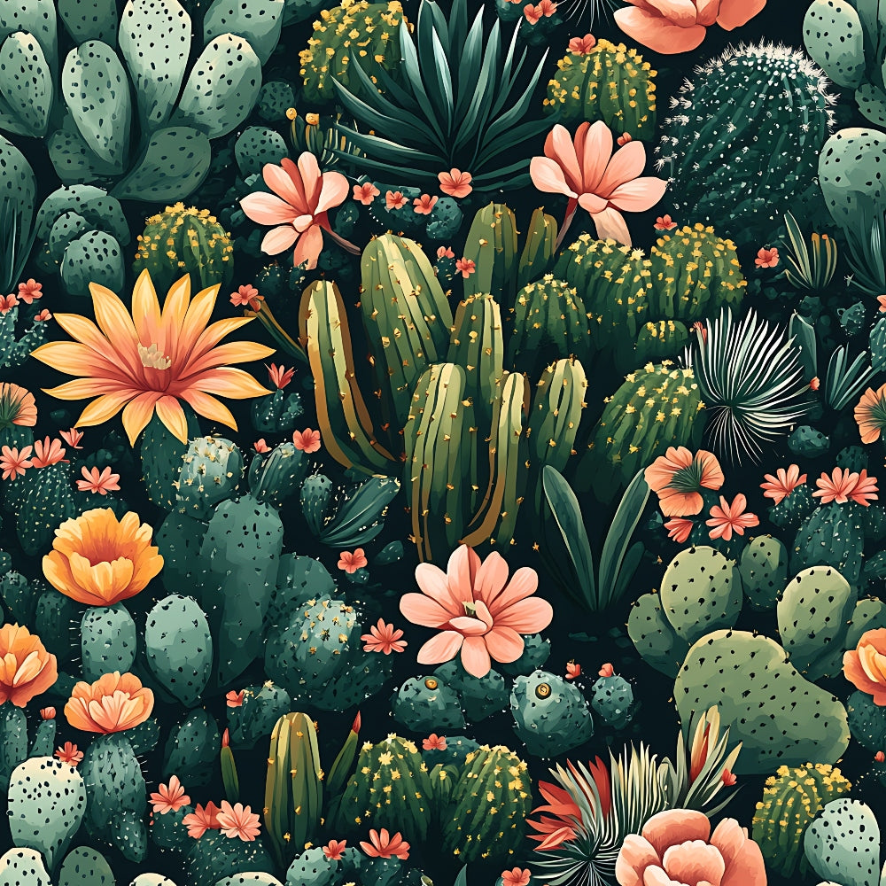 coral flowers, sage green, cactus pattern, succulent design, desert plants, botanical illustration, prickly pear, saguaro cactus, peach blossoms, golden yellow,, fabric panel, seamless repeat, tropical style, southwestern theme, nature motif, floral accents, green foliage, desert garden, artistic rendering