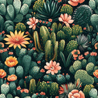 coral flowers, sage green, cactus pattern, succulent design, desert plants, botanical illustration, prickly pear, saguaro cactus, peach blossoms, golden yellow,, fabric panel, seamless repeat, tropical style, southwestern theme, nature motif, floral accents, green foliage, desert garden, artistic rendering