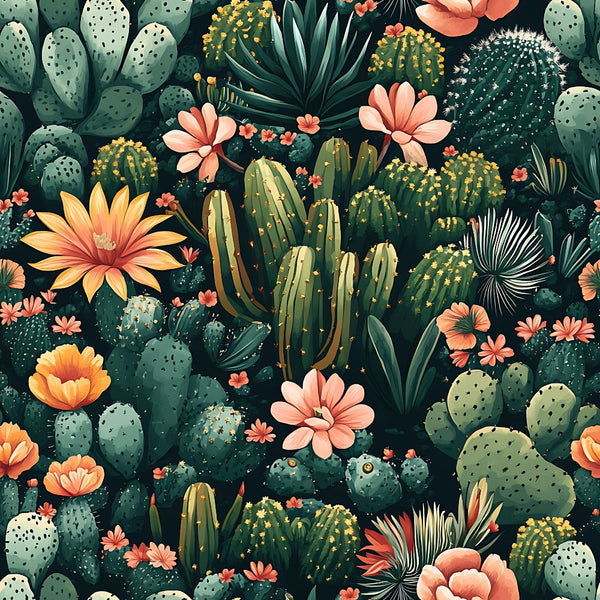 coral flowers, sage green, cactus pattern, succulent design, desert plants, botanical illustration, prickly pear, saguaro cactus, peach blossoms, golden yellow,, fabric panel, seamless repeat, tropical style, southwestern theme, nature motif, floral accents, green foliage, desert garden, artistic rendering