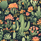 coral flowers, peach blooms, sage green, desert plants, saguaro cactus, prickly pear, barrel cactus, succulent garden, botanical pattern, floral motif, navy background, southwestern design,, fabric panel, blooming cacti, desert flora, nature illustration, peachy orange, forest green, seamless repeat