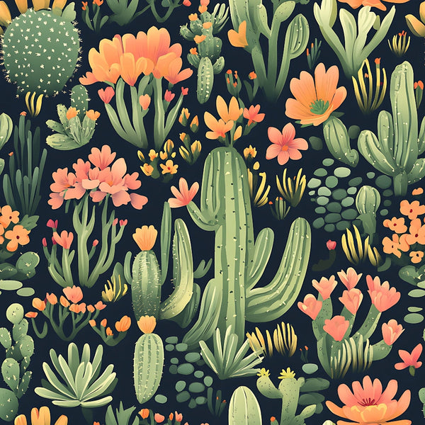 coral flowers, peach blooms, sage green, desert plants, saguaro cactus, prickly pear, barrel cactus, succulent garden, botanical pattern, floral motif, navy background, southwestern design,, fabric panel, blooming cacti, desert flora, nature illustration, peachy orange, forest green, seamless repeat