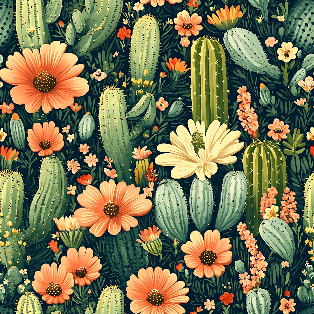 cactus, succulents, coral flowers, peach blooms, sage green, forest green, orange petals, cream flowers, desert plants, botanical pattern, floral design, southwestern style, nature motif,, fabric panel, seamless repeat, blooming cacti, desert garden, warm palette, organic shapes