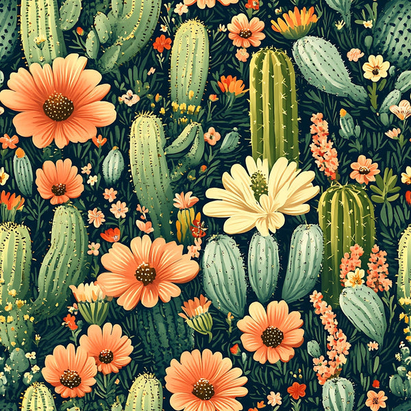 cactus, succulents, coral flowers, peach blooms, sage green, forest green, orange petals, cream flowers, desert plants, botanical pattern, floral design, southwestern style, nature motif,, fabric panel, seamless repeat, blooming cacti, desert garden, warm palette, organic shapes