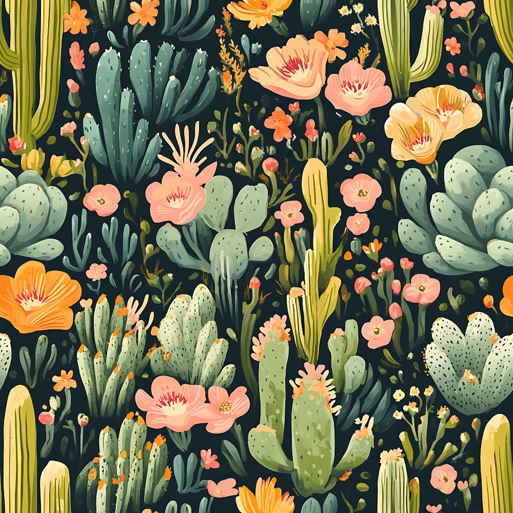 cactus pattern, desert flora, succulents, coral flowers, peach blooms, sage green, dark navy background, botanical design,, fabric panel, southwestern style, prickly pear, saguaro cactus, floral accents, nature motif, vintage illustration, organic shapes, warm tones, desert garden, blooming cacti