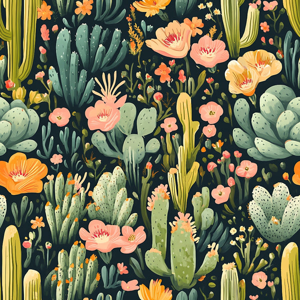cactus pattern, desert flora, succulents, coral flowers, peach blooms, sage green, dark navy background, botanical design,, fabric panel, southwestern style, prickly pear, saguaro cactus, floral accents, nature motif, vintage illustration, organic shapes, warm tones, desert garden, blooming cacti