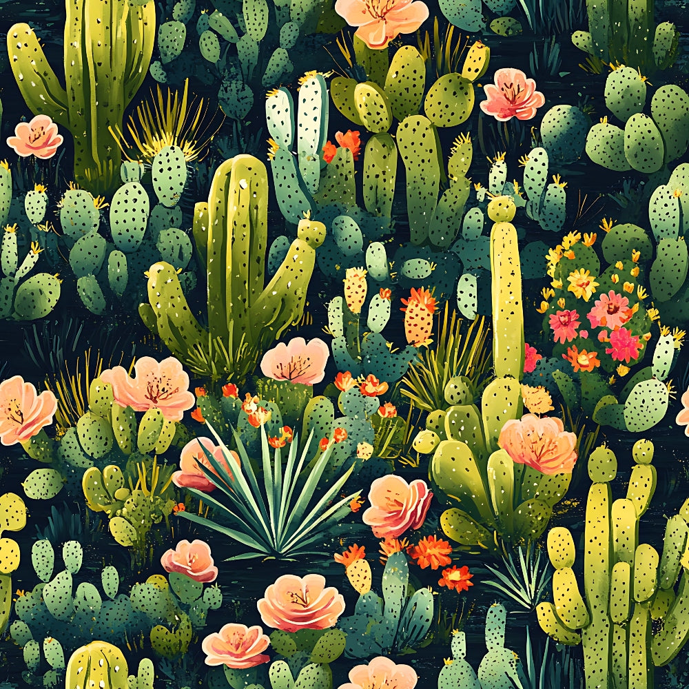 cactus pattern, desert plants, succulent garden, coral flowers, peach blooms, sage green, forest green, yellow green, botanical illustration, prickly pear, saguaro cactus, desert flora,, fabric panel, seamless repeat, nature motif, southwestern style, desert landscape, vibrant florals, tropical vibes