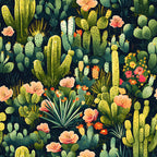cactus pattern, desert plants, succulent garden, coral flowers, peach blooms, sage green, forest green, yellow green, botanical illustration, prickly pear, saguaro cactus, desert flora,, fabric panel, seamless repeat, nature motif, southwestern style, desert landscape, vibrant florals, tropical vibes