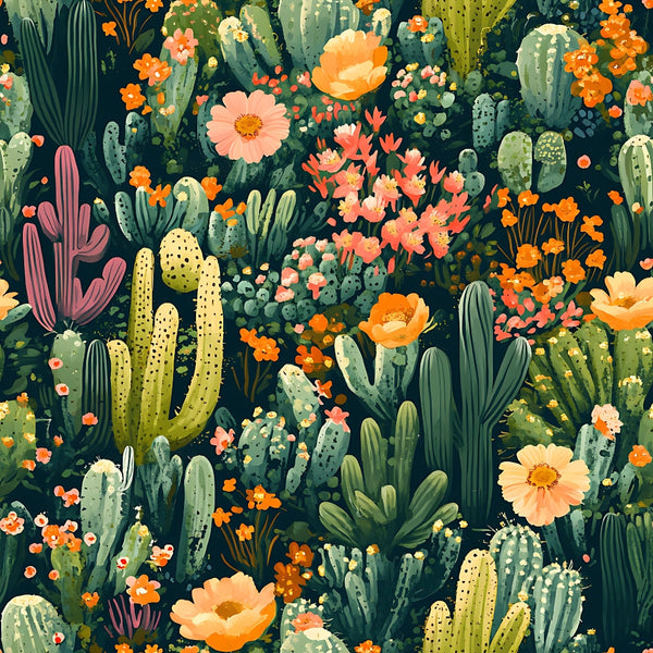 cactus pattern, desert plants, succulent design, green cacti, orange flowers, pink blooms, coral blossoms, botanical illustration, southwestern style,, fabric panel, floral cacti, prickly pear, saguaro cactus, desert garden, nature motif, blooming desert, spring cacti, vibrant colors, seamless pattern
