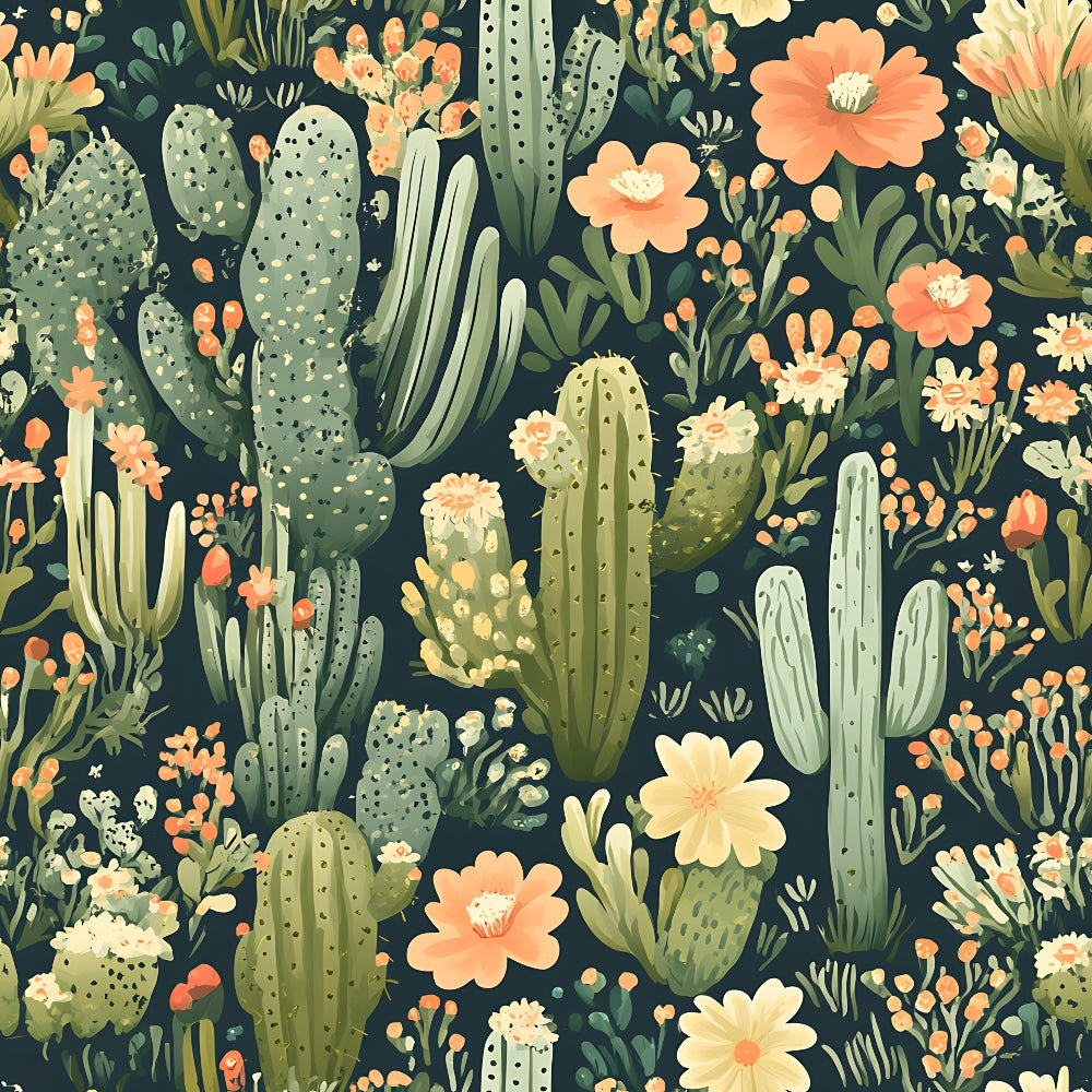 sage green, coral pink, peach, cream, navy background, cactus pattern, desert flora, blooming flowers, succulent plants, prickly pear, saguaro cactus, botanical illustration, vintage style, whimsical design,, fabric panel, southwestern theme, floral motifs, repeating pattern, nature inspired