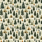 camping pattern, forest scene, outdoor adventure, tent motifs, pine trees, evergreen trees, campfire flames, nature theme, green foliage, beige background, brown earth tones, orange flames,, fabric panel, woodland design, camping gear, forest adventure, outdoor lifestyle, nature illustration, repeating pattern
