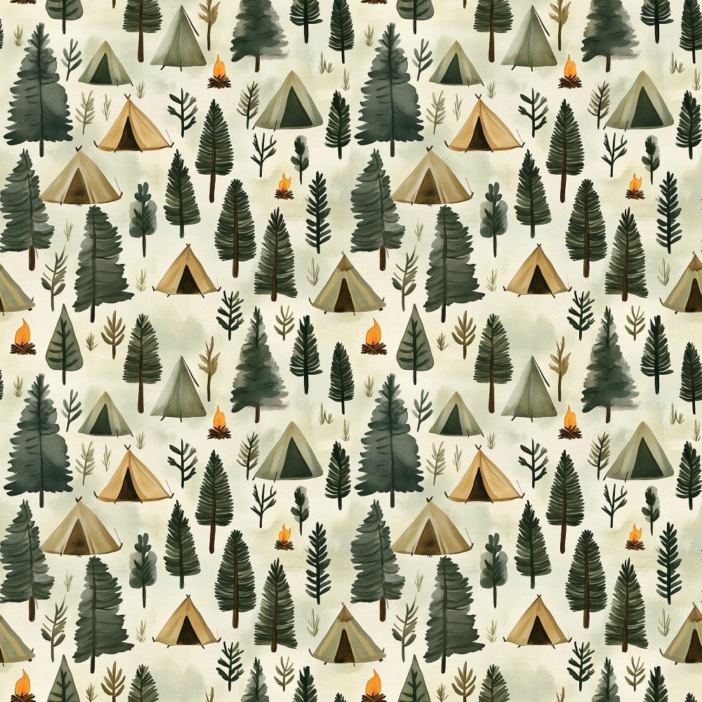camping pattern, forest scene, outdoor adventure, tent motifs, pine trees, evergreen trees, campfire flames, nature theme, green foliage, beige background, brown earth tones, orange flames,, fabric panel, woodland design, camping gear, forest adventure, outdoor lifestyle, nature illustration, repeating pattern
