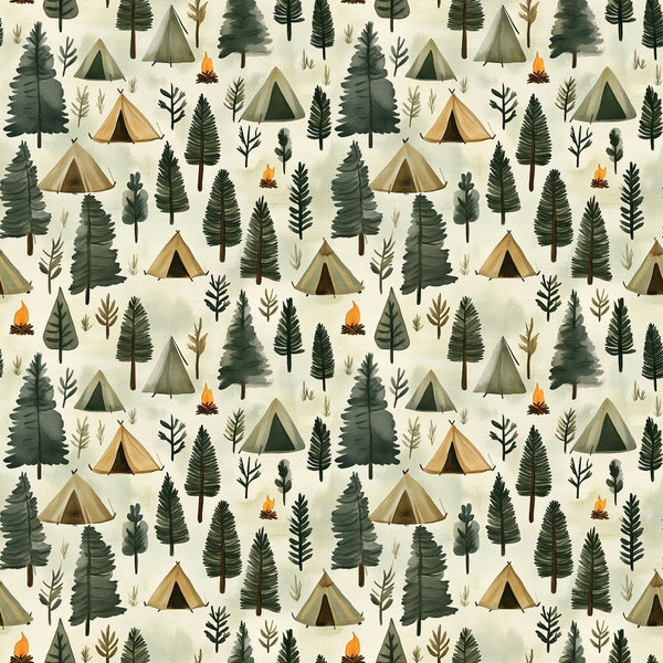 camping pattern, forest scene, outdoor adventure, tent motifs, pine trees, evergreen trees, campfire flames, nature theme, green foliage, beige background, brown earth tones, orange flames,, fabric panel, woodland design, camping gear, forest adventure, outdoor lifestyle, nature illustration, repeating pattern