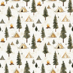 camping pattern, forest scene, pine trees, evergreen trees, canvas tents, campfire flames, outdoor adventure, wilderness theme, nature motifs, green trees, beige tents, orange flames, cream background,, fabric panel, camping gear, woodland design, rustic style, outdoor recreation, seamless repeat