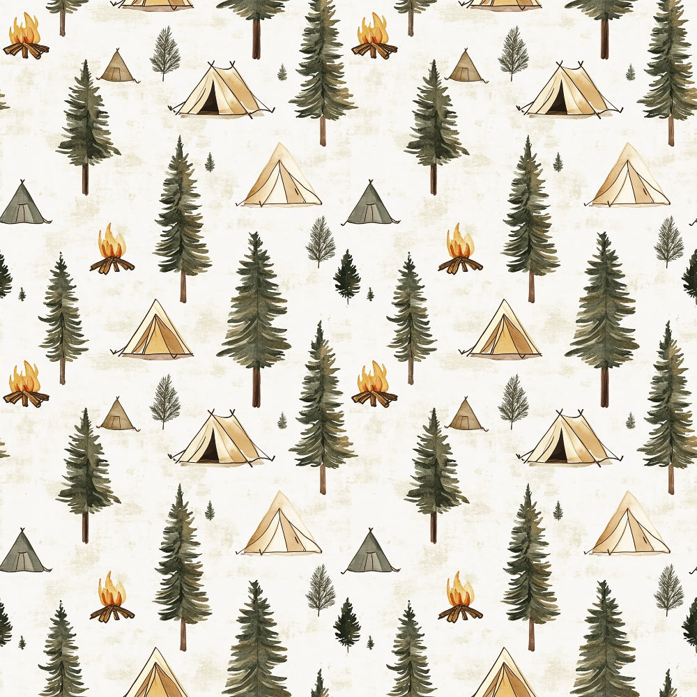 camping pattern, forest scene, pine trees, evergreen trees, canvas tents, campfire flames, outdoor adventure, wilderness theme, nature motifs, green trees, beige tents, orange flames, cream background,, fabric panel, camping gear, woodland design, rustic style, outdoor recreation, seamless repeat
