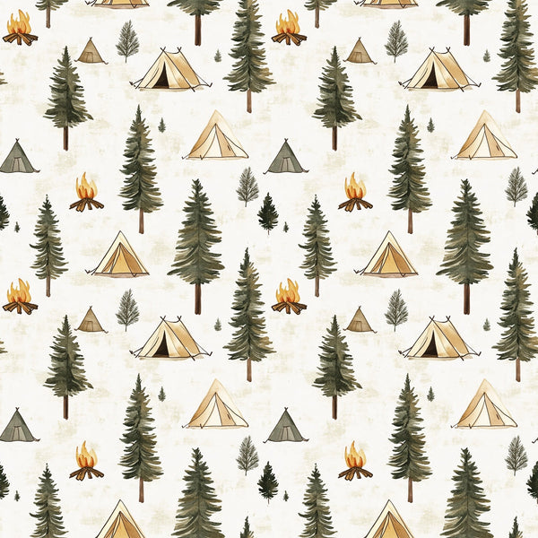 camping pattern, forest scene, pine trees, evergreen trees, canvas tents, campfire flames, outdoor adventure, wilderness theme, nature motifs, green trees, beige tents, orange flames, cream background,, fabric panel, camping gear, woodland design, rustic style, outdoor recreation, seamless repeat