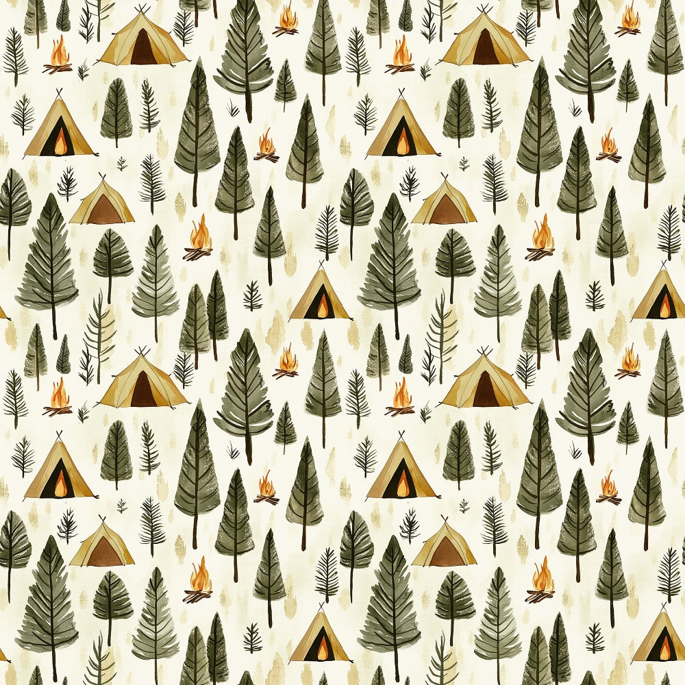 camping theme, forest pattern,, fabric panel, outdoor adventure, wilderness design, repeating pattern, nature motif, camping tents, triangular tents, evergreen trees, pine trees, campfire flames, forest green, beige background, cream backdrop, orange flames, brown tree trunks, woodland scene, camping fabric, quilting material